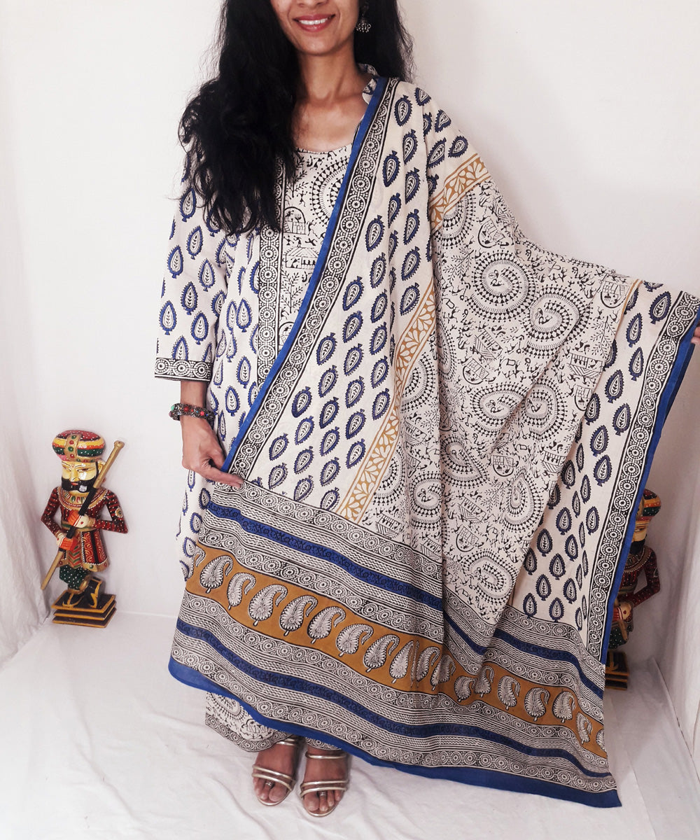 Blue yellow handblock print cotton suit set with dupatta