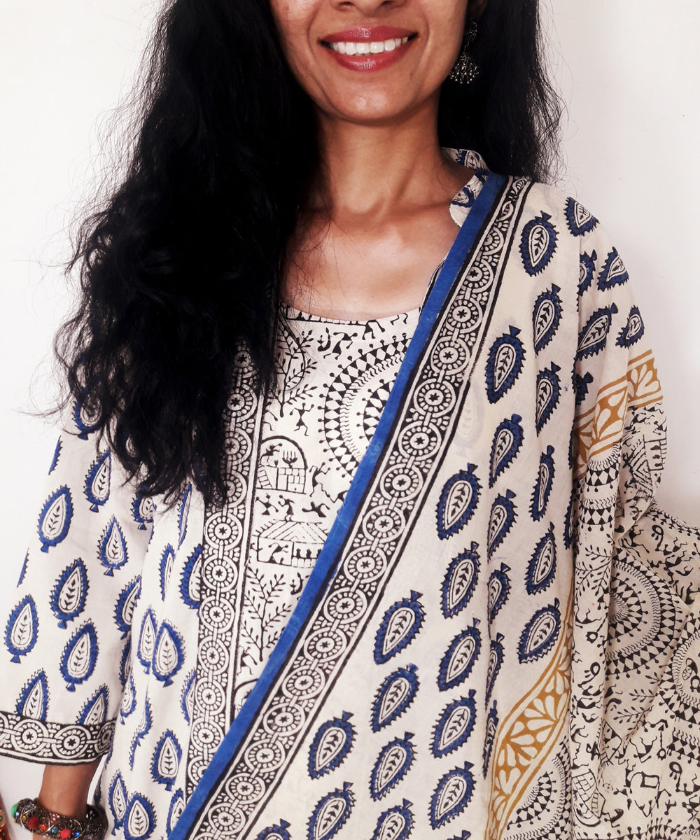 Blue yellow handblock print cotton suit set with dupatta