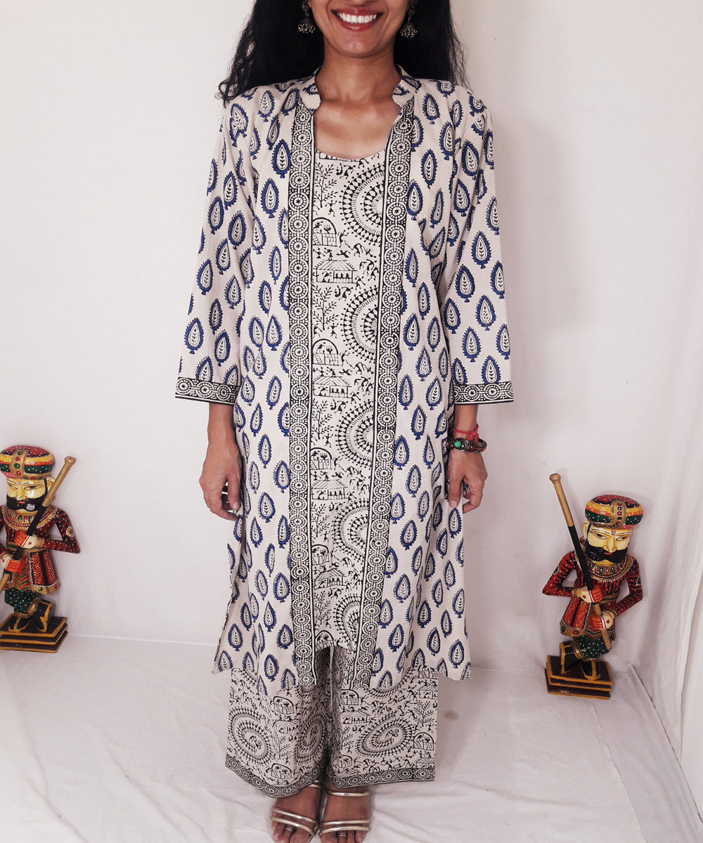 Blue yellow handblock print cotton suit set with dupatta