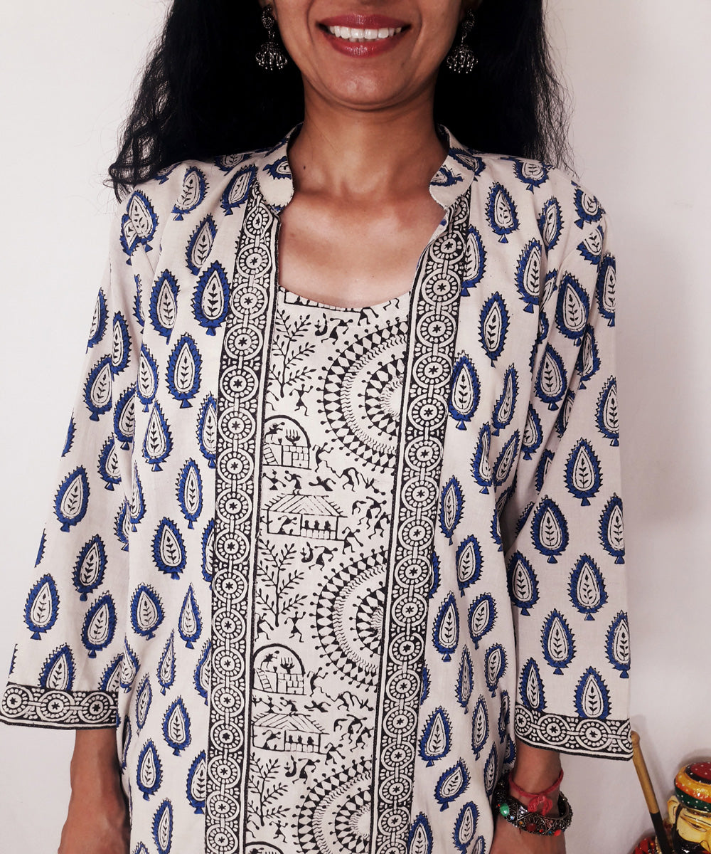 Blue yellow handblock print cotton suit set with dupatta