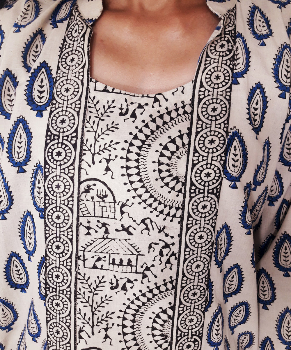 Blue yellow handblock print cotton suit set with dupatta