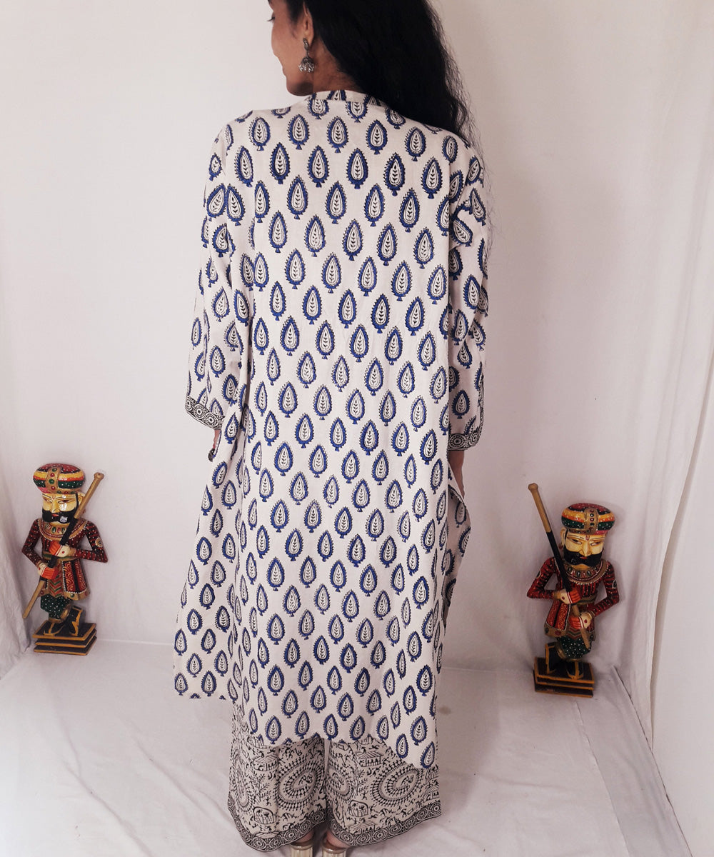 Blue yellow handblock print cotton suit set with dupatta