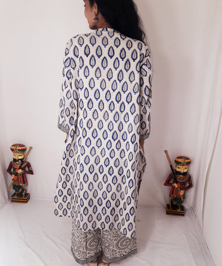 Blue yellow handblock print cotton suit set with dupatta