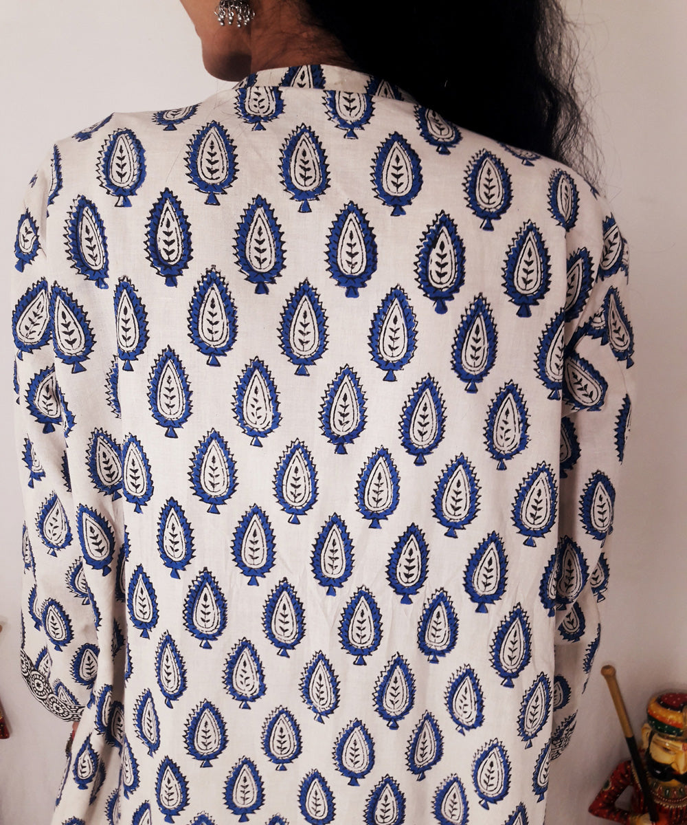 Blue yellow handblock print cotton suit set with dupatta
