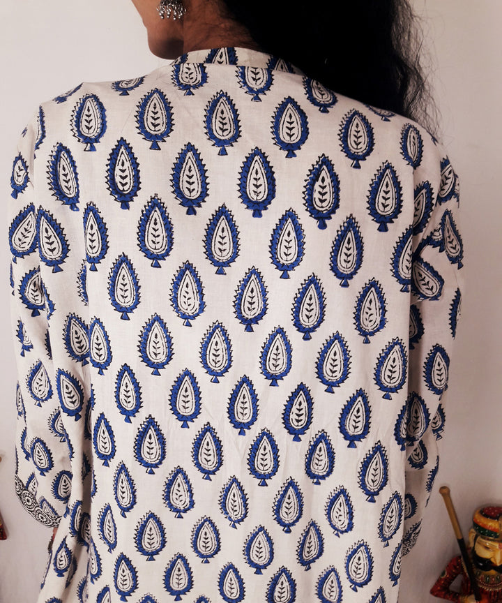 Blue yellow handblock print cotton suit set with dupatta