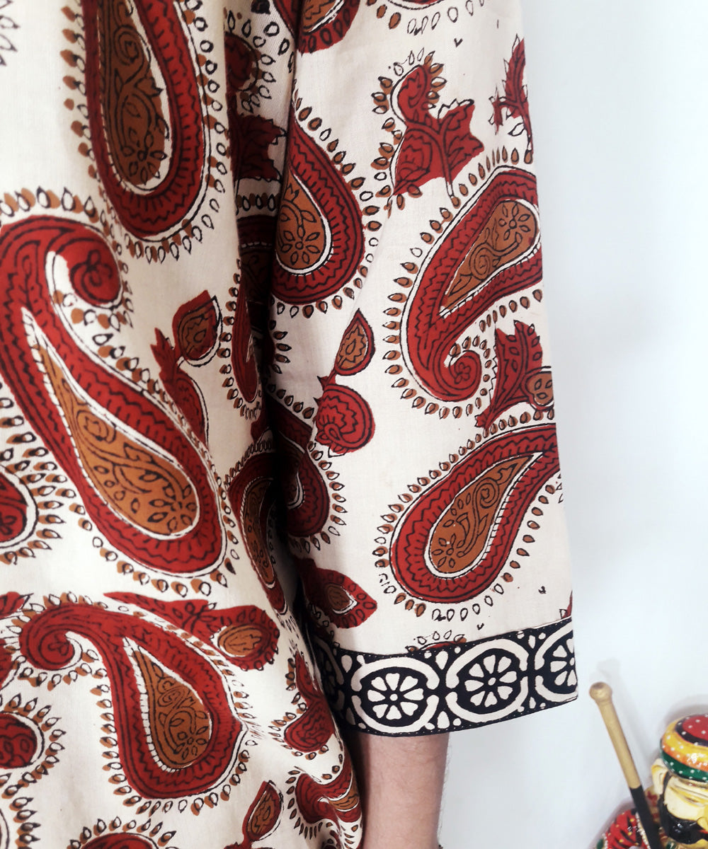 Red handblock print cotton suit set with chanderi dupatta