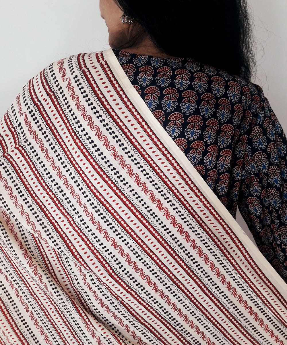 Black ajrakh handblock print cotton suit set with dupatta