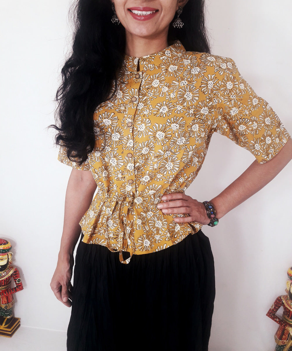 Yellow hand block print cotton top