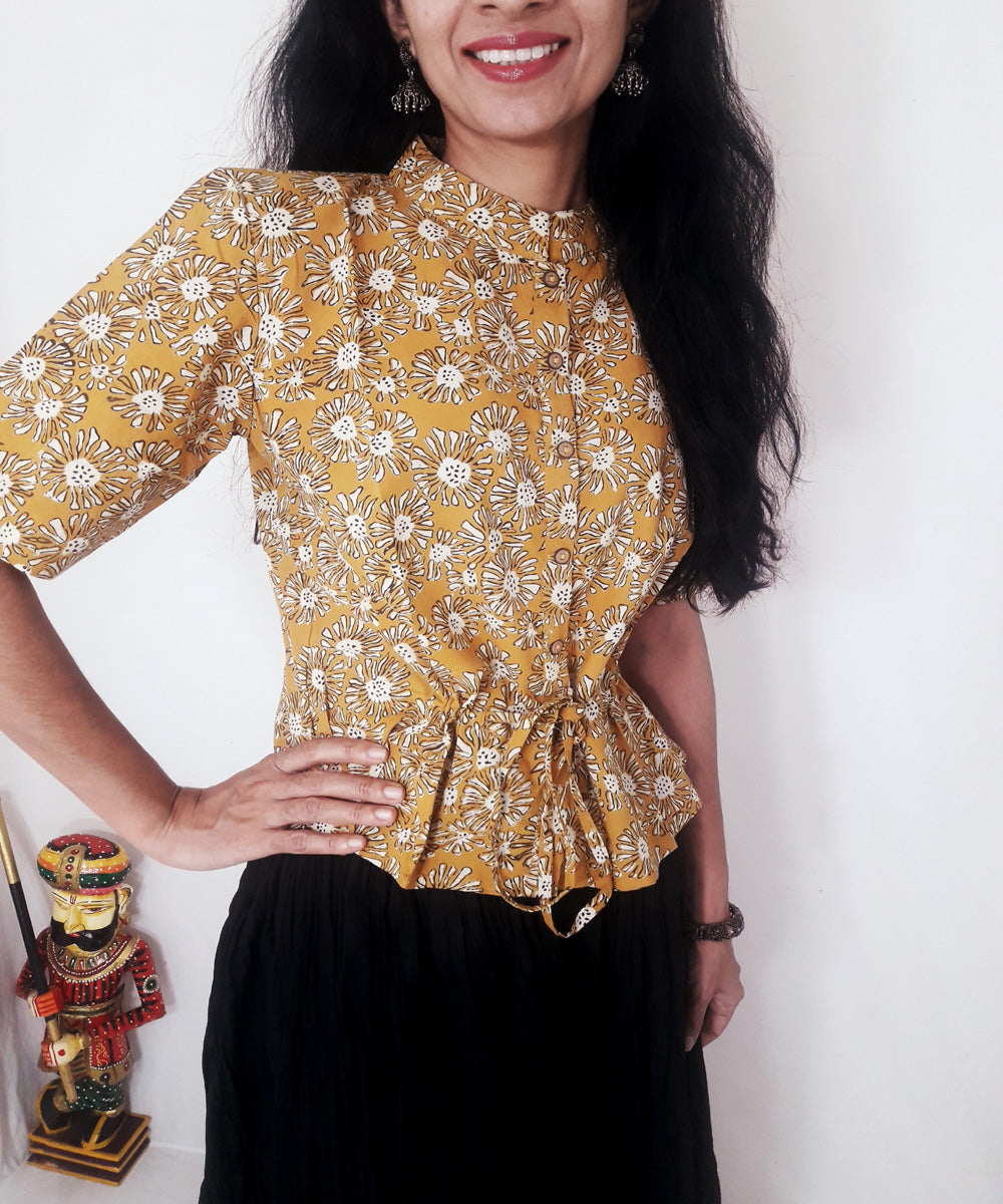 Yellow hand block print cotton top