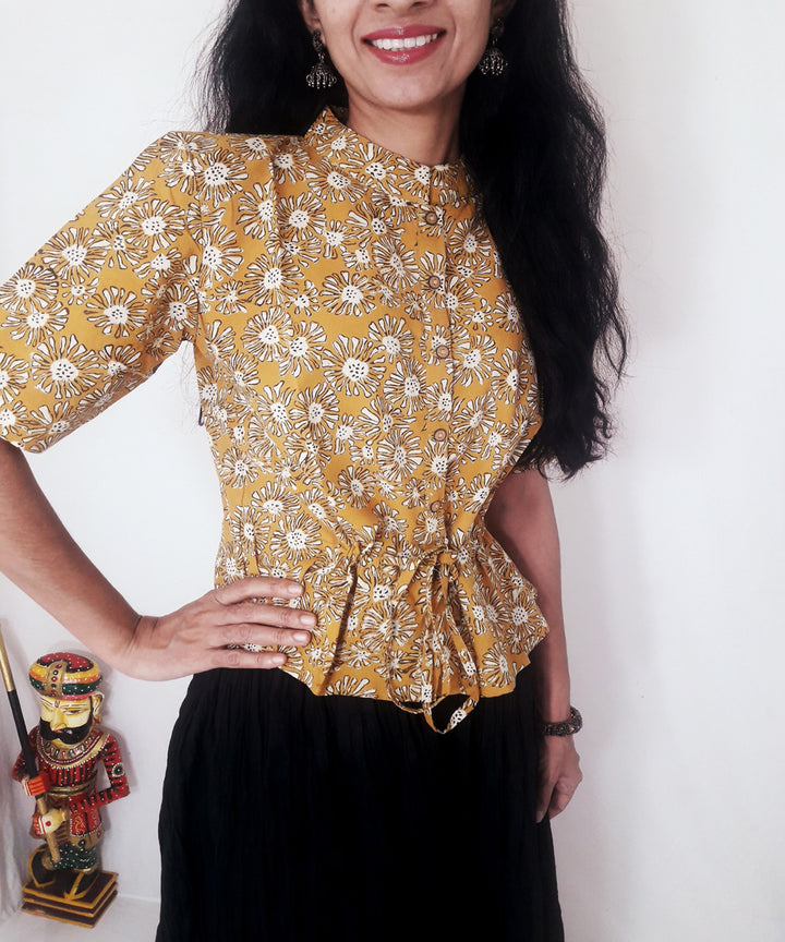Yellow hand block print cotton top