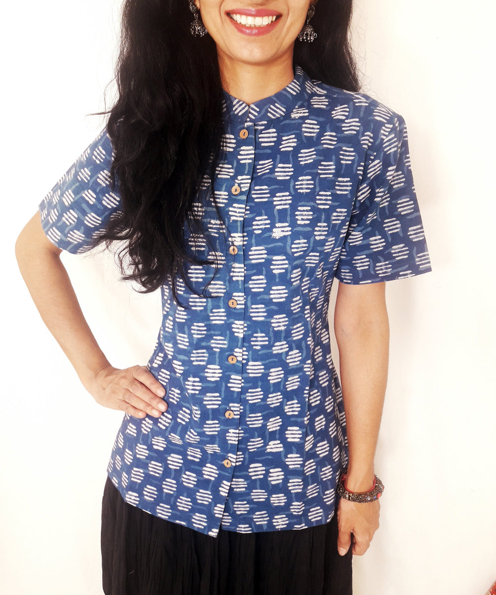 Blue hand block print cotton top