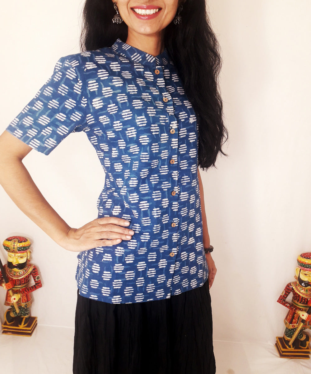 Blue hand block print cotton top