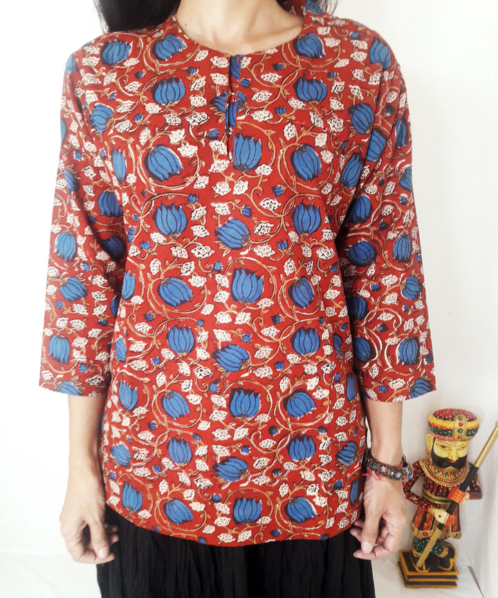 Red hand block print cotton top