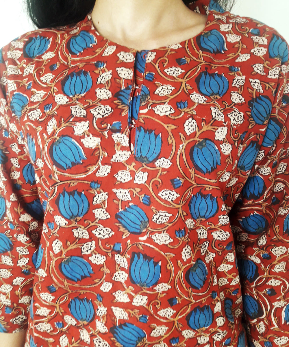 Red hand block print cotton top