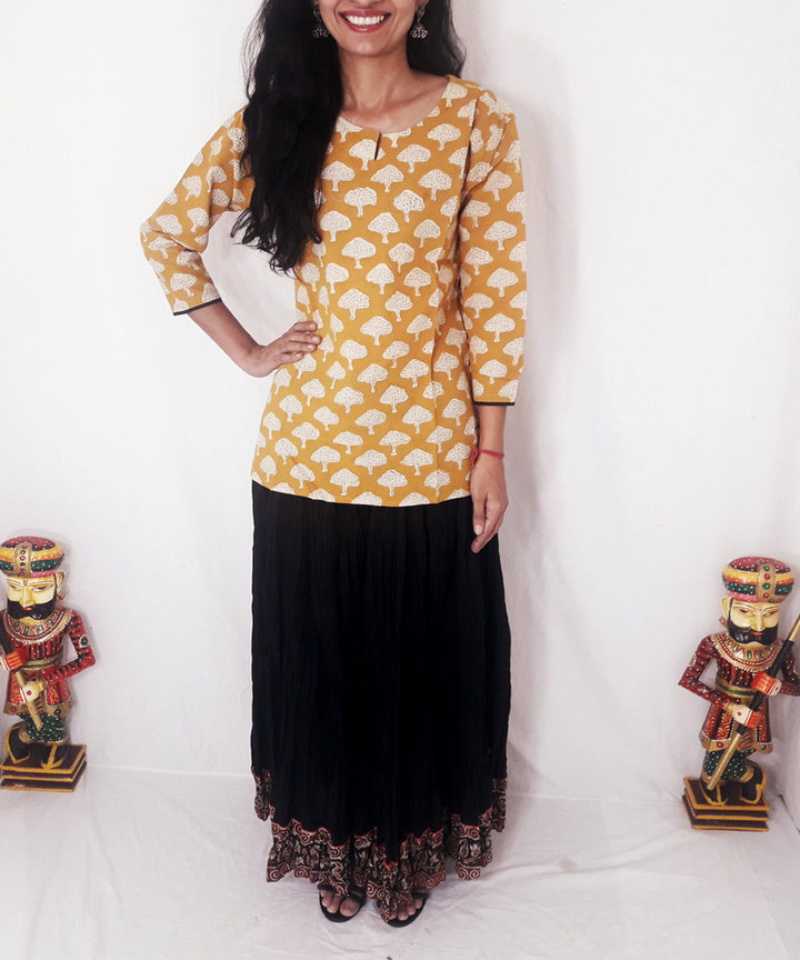 Yellow hand block printed cotton top