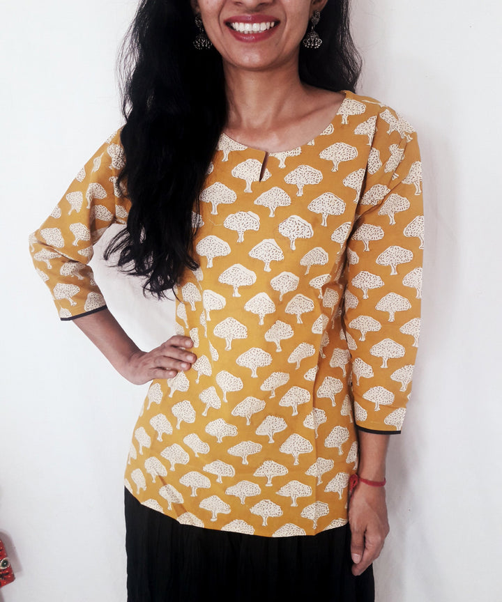 Yellow hand block printed cotton top