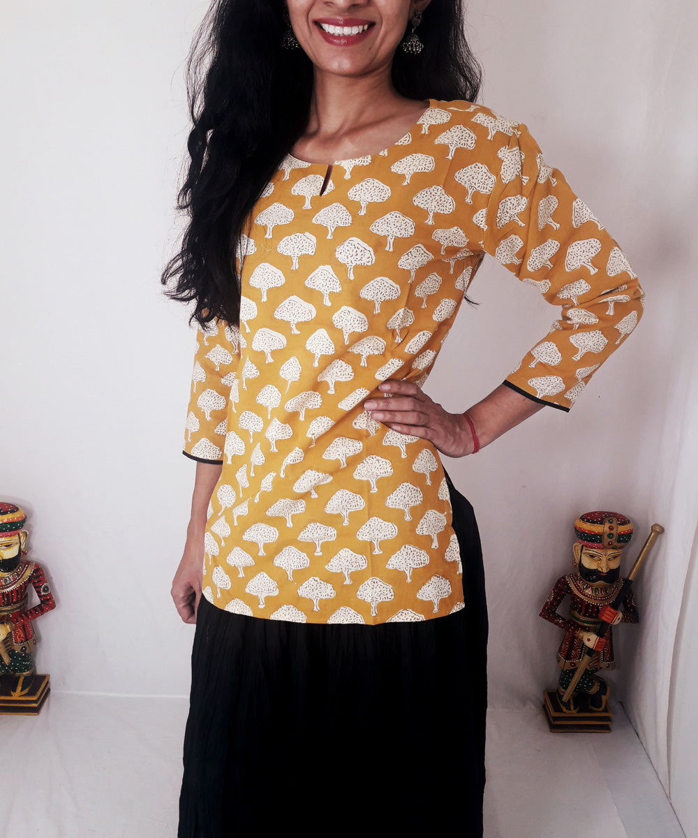 Yellow hand block printed cotton top