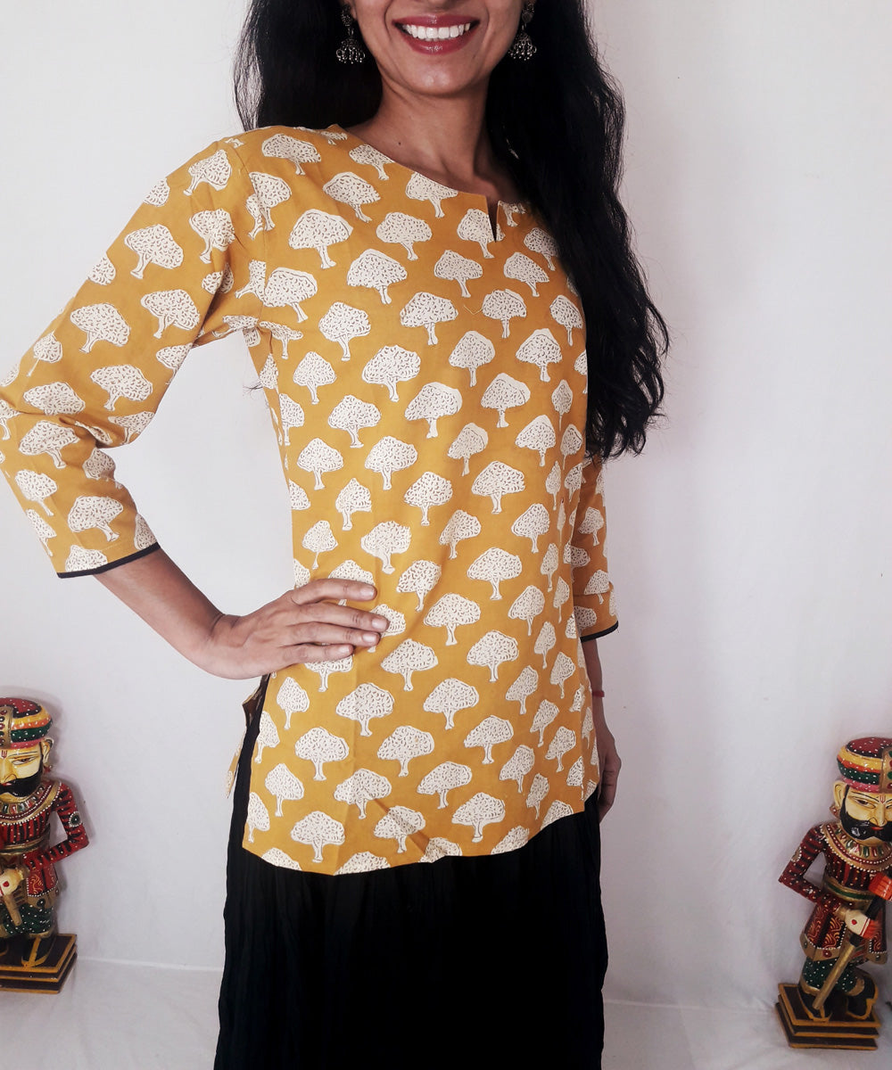 Yellow hand block printed cotton top