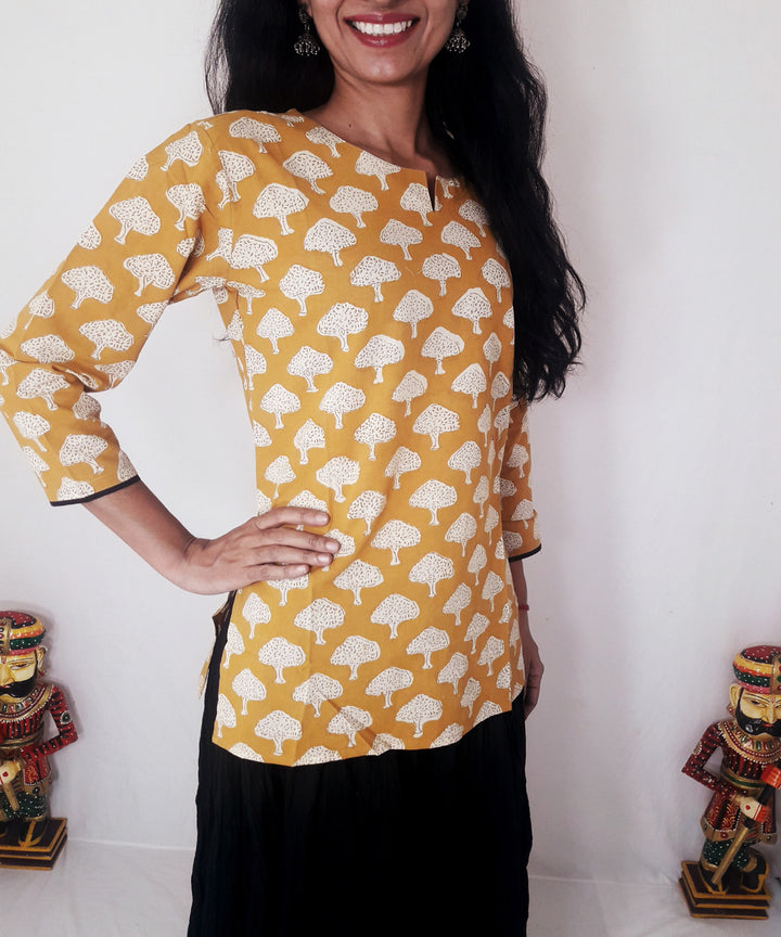 Yellow hand block printed cotton top