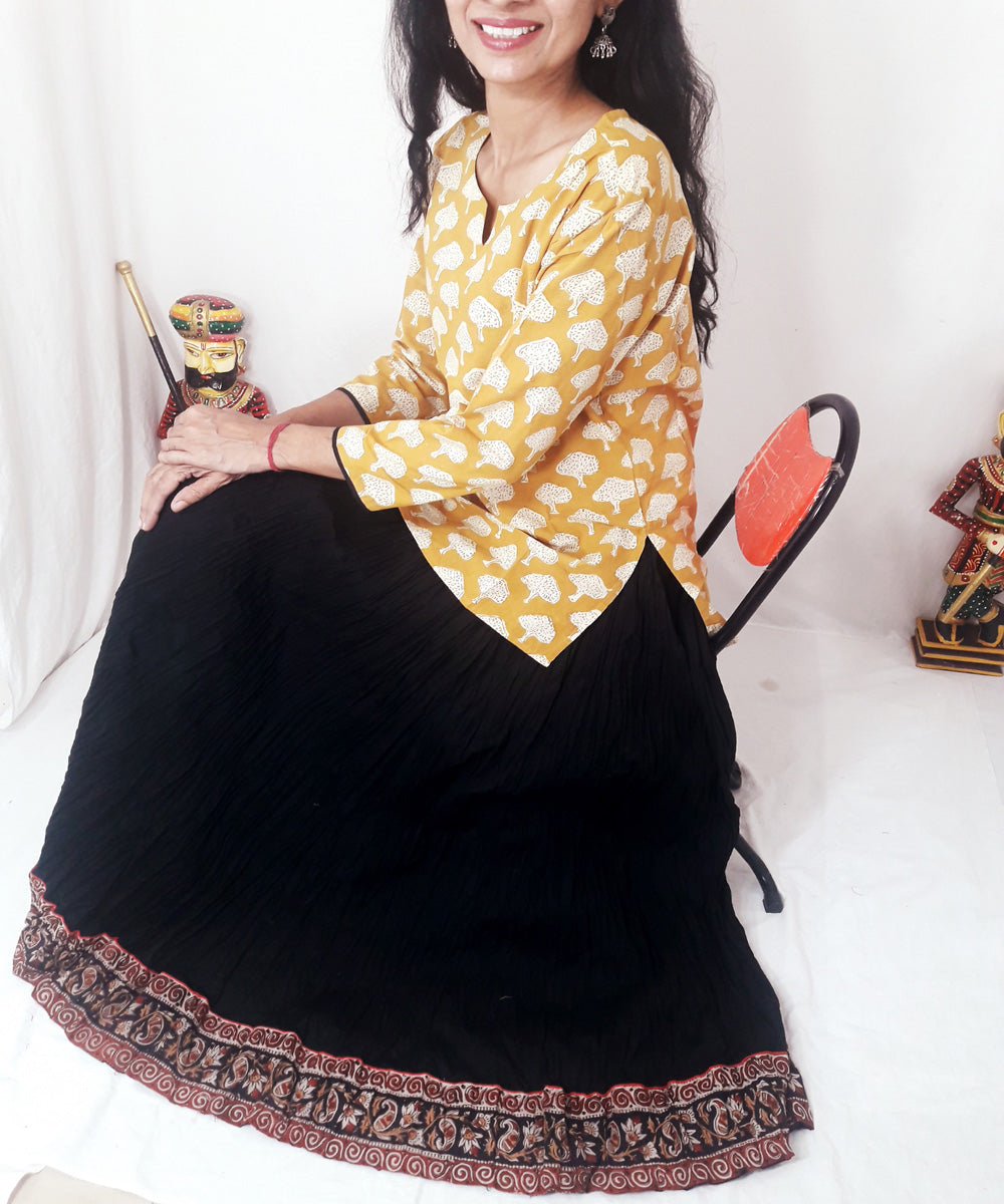 Yellow hand block printed cotton top