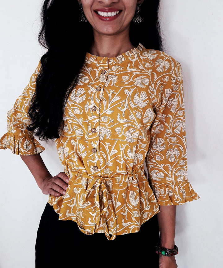 Yellow handblock printed cotton top