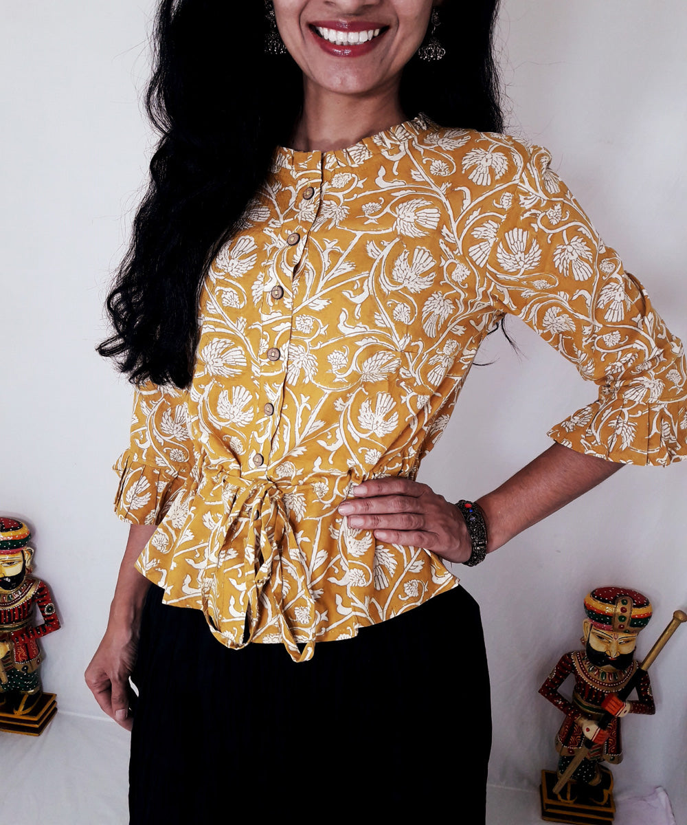 Yellow handblock printed cotton top