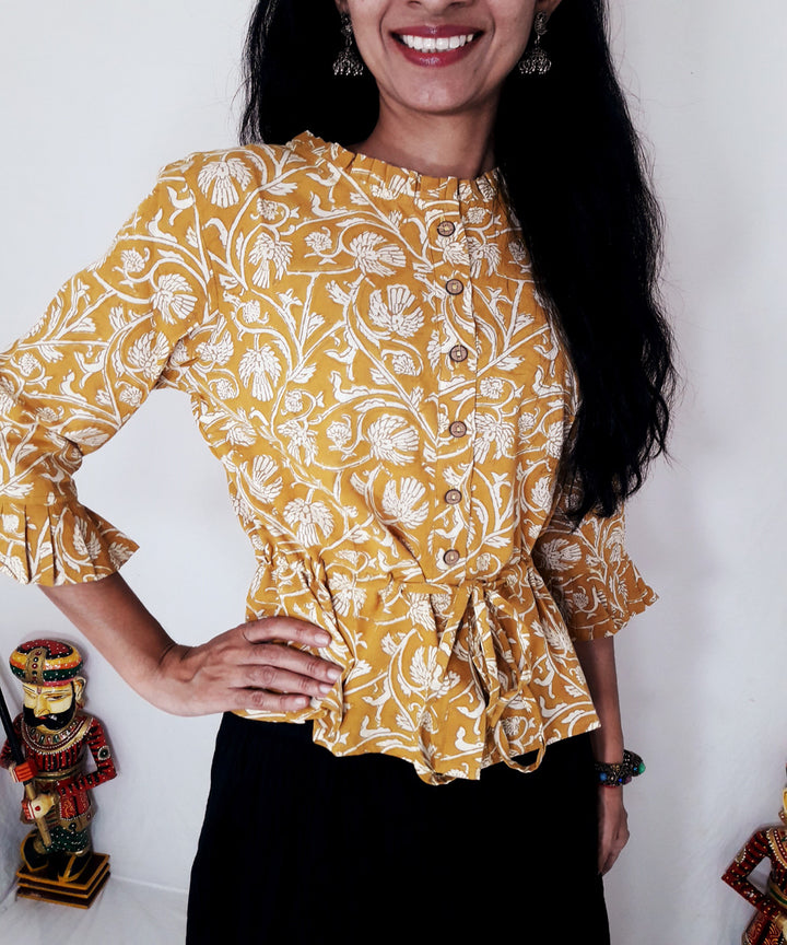 Yellow handblock printed cotton top