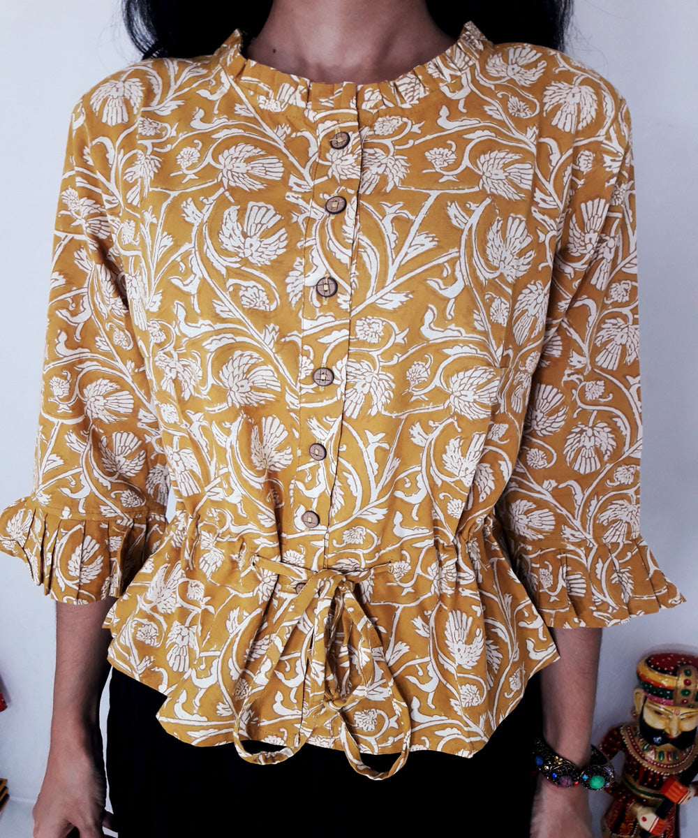 Yellow handblock printed cotton top