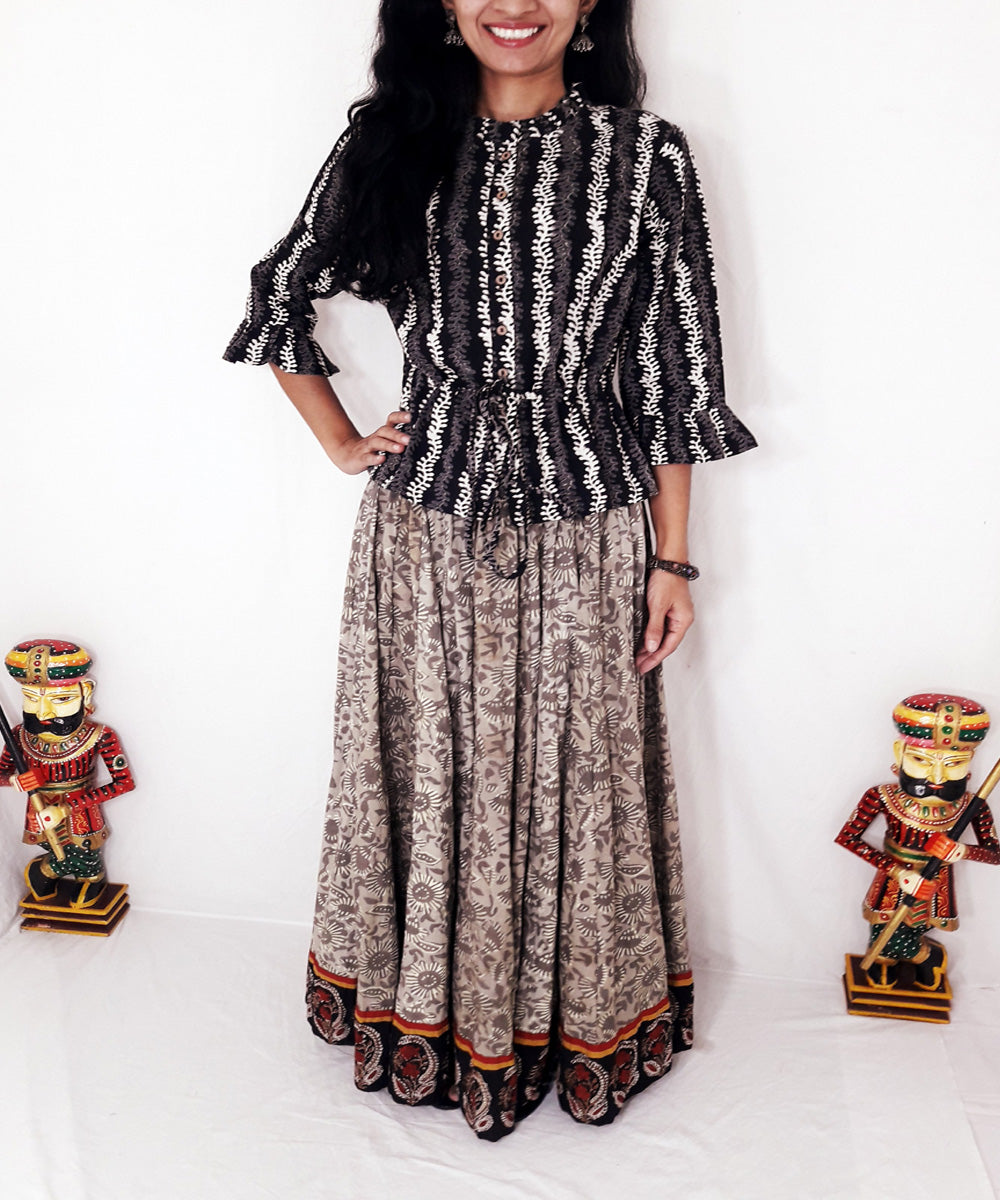 Black handblock printed cotton top