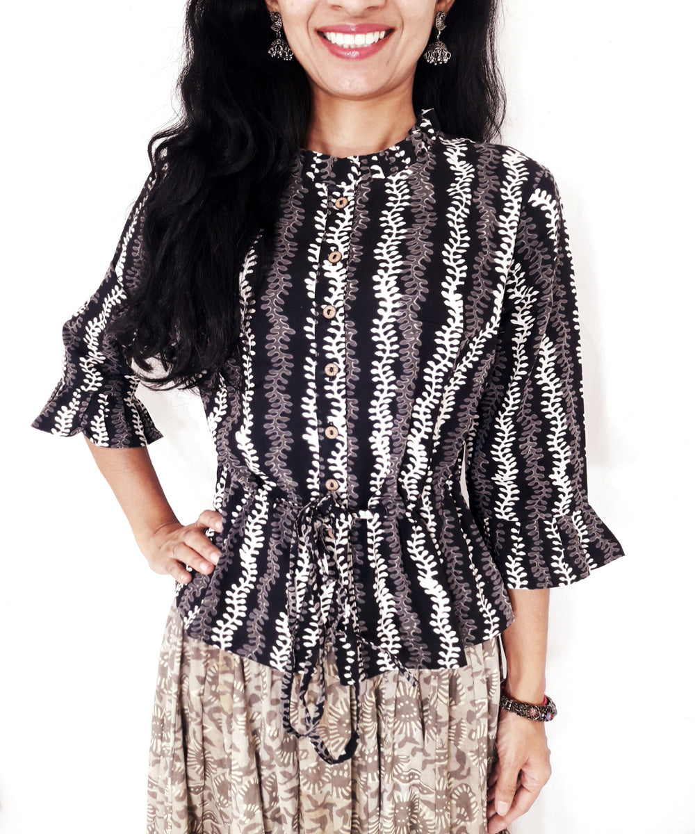 Black handblock printed cotton top
