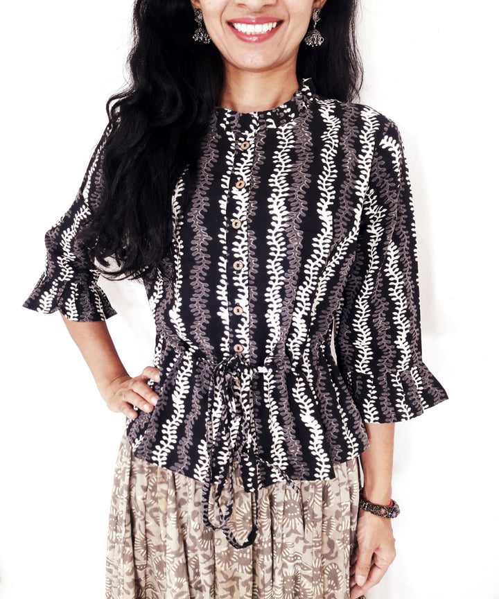 Black handblock printed cotton top