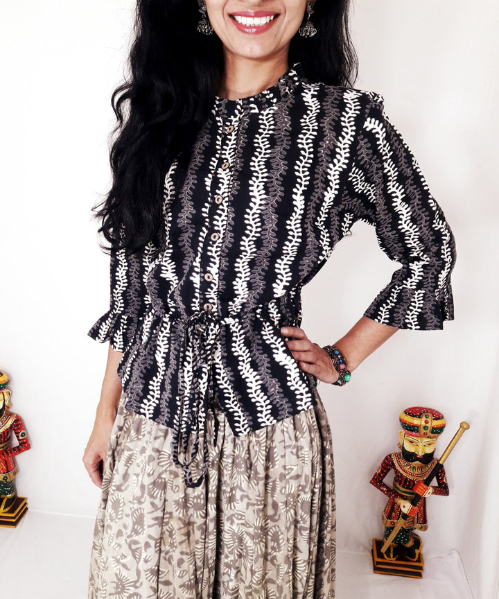 Black handblock printed cotton top