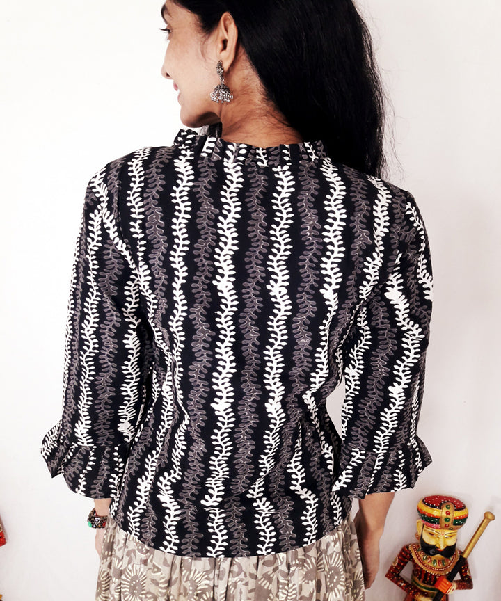 Black handblock printed cotton top