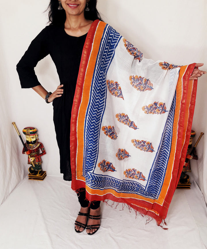 White blue orange handblock printed chanderi silk dupatta