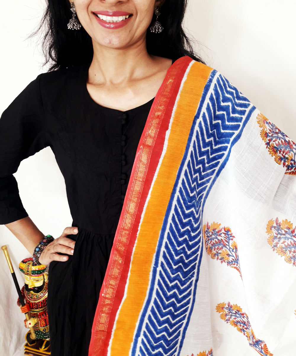 White blue orange handblock printed chanderi silk dupatta