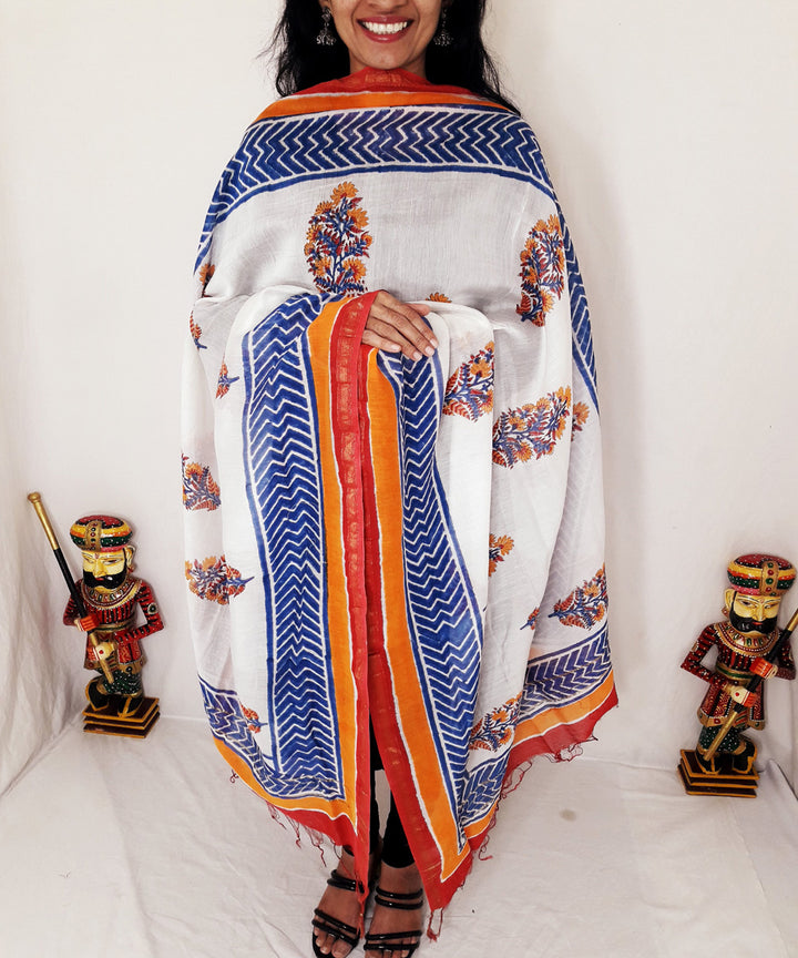 White blue orange handblock printed chanderi silk dupatta