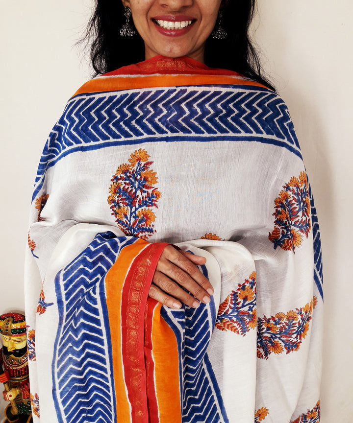 White blue orange handblock printed chanderi silk dupatta