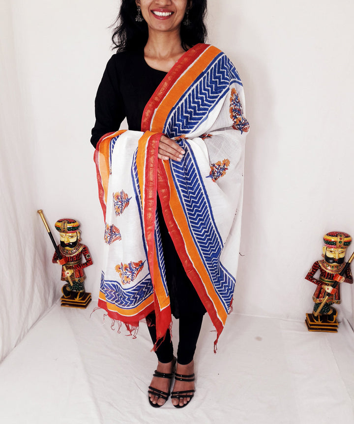 White blue orange handblock printed chanderi silk dupatta
