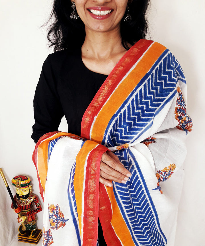 White blue orange handblock printed chanderi silk dupatta