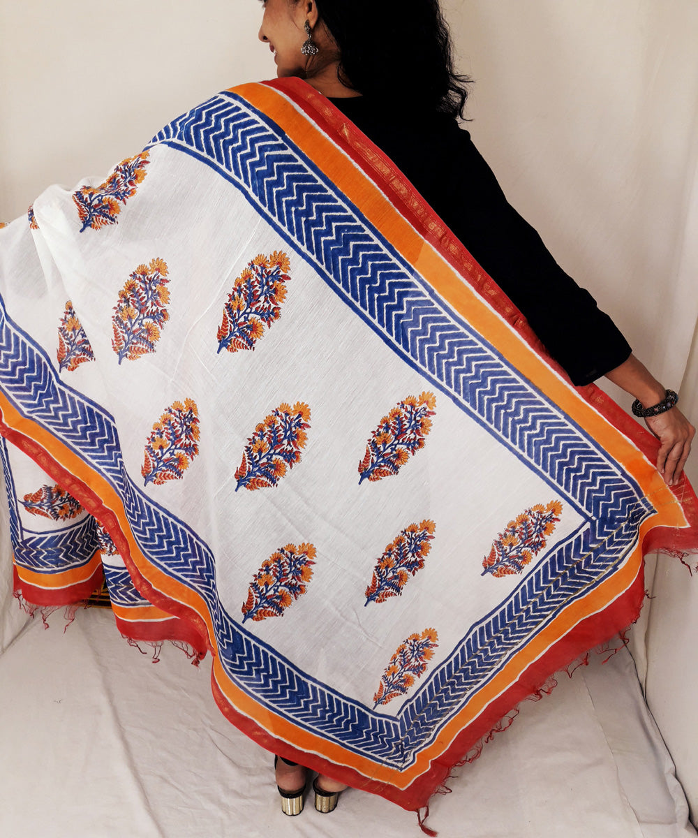 White blue orange handblock printed chanderi silk dupatta