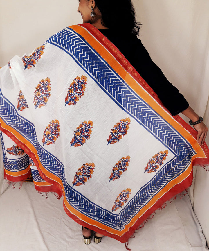 White blue orange handblock printed chanderi silk dupatta