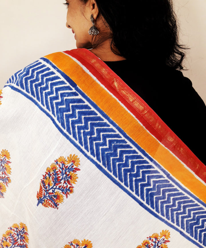 White blue orange handblock printed chanderi silk dupatta