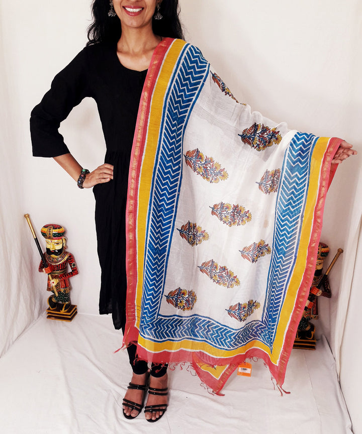 Red blue yellow handblock printed chanderi silk dupatta