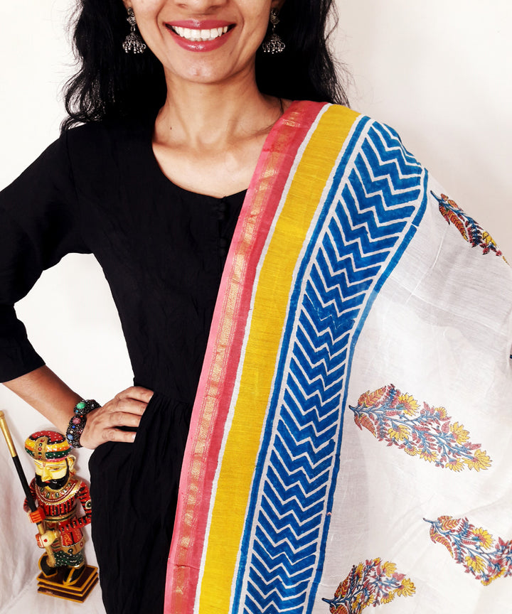 Red blue yellow handblock printed chanderi silk dupatta