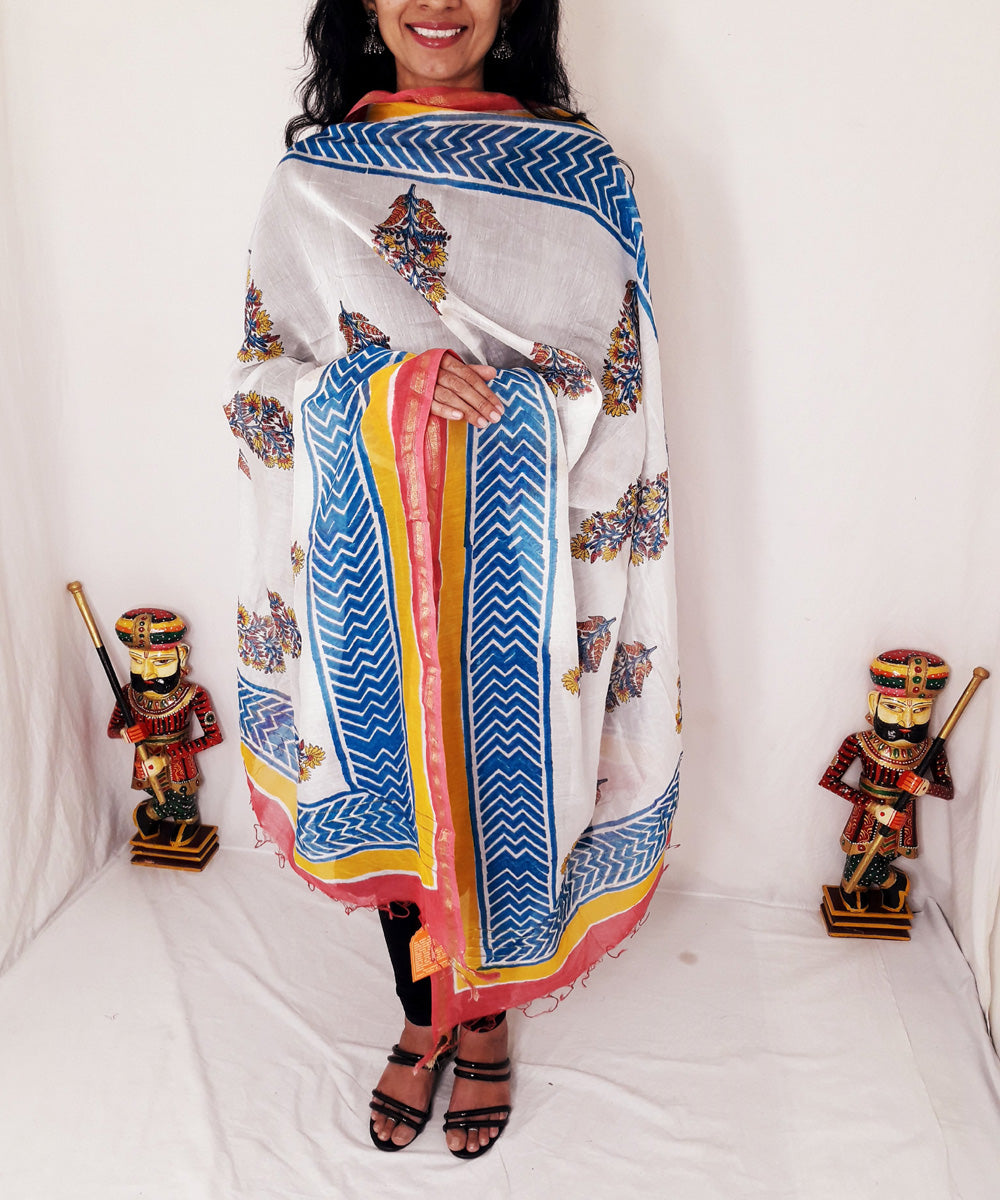 Red blue yellow handblock printed chanderi silk dupatta