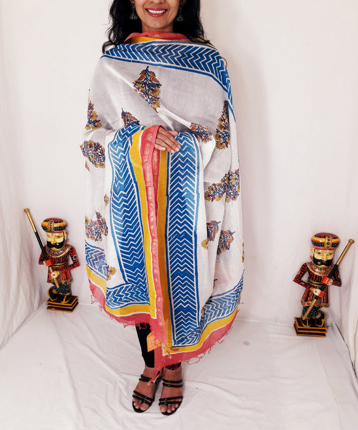 Red blue yellow handblock printed chanderi silk dupatta