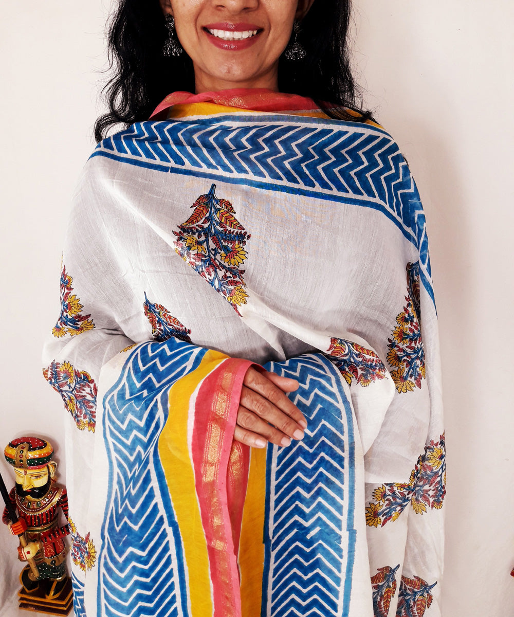 Red blue yellow handblock printed chanderi silk dupatta