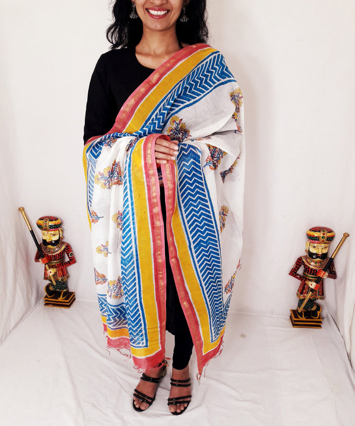 Red blue yellow handblock printed chanderi silk dupatta