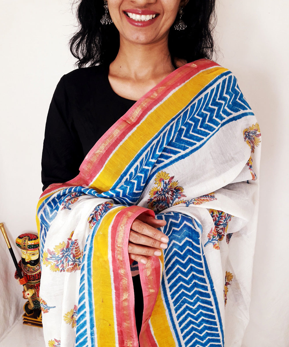 Red blue yellow handblock printed chanderi silk dupatta