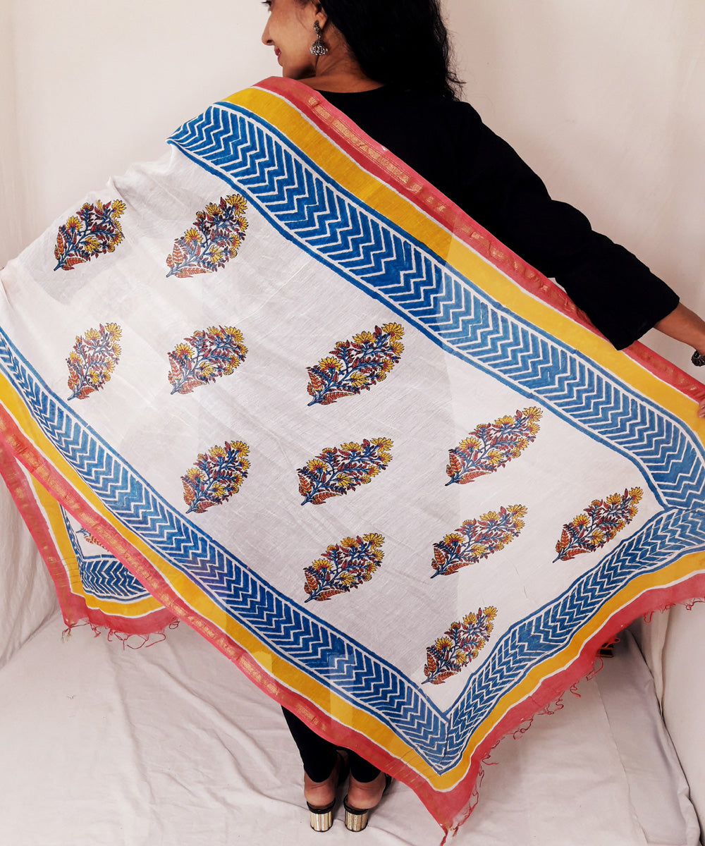 Red blue yellow handblock printed chanderi silk dupatta